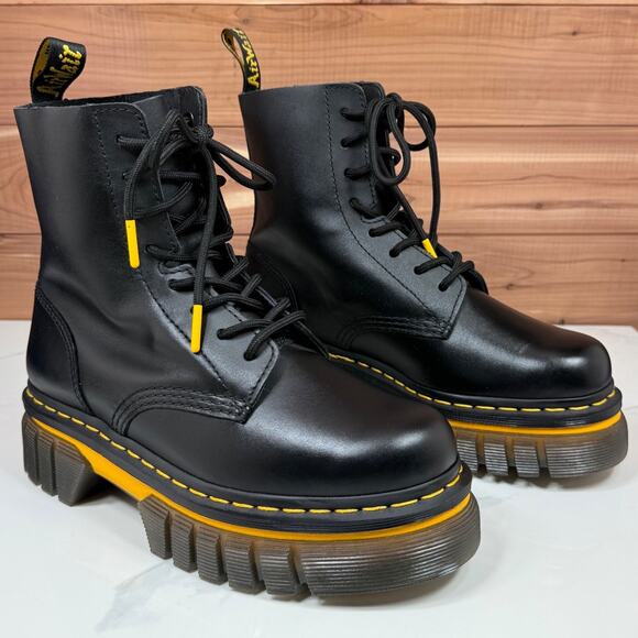 Dr. Martens Audrick Boot Black Leather Yellow Stitch Platform Women's size 8 - Picture 7 of 16